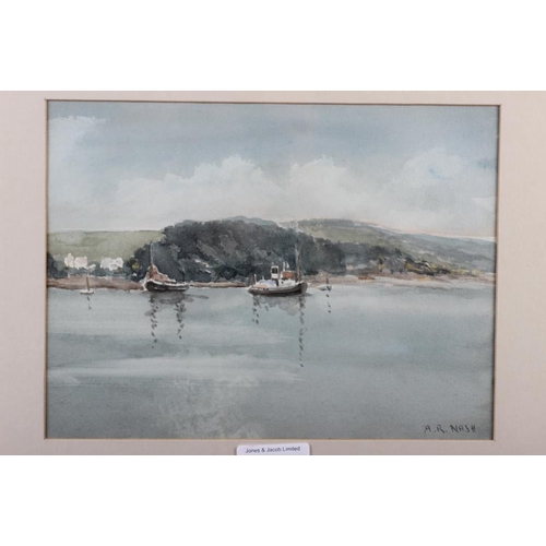 376 - D S Fraser Harris: watercolours, river scene with boats, 8 3/4