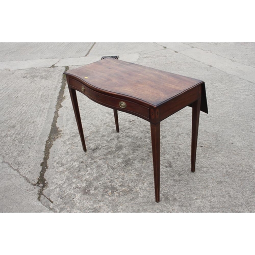 473 - A George III mahogany and inlaid serpentine front side table with drop leaf and drawer, on square ta... 