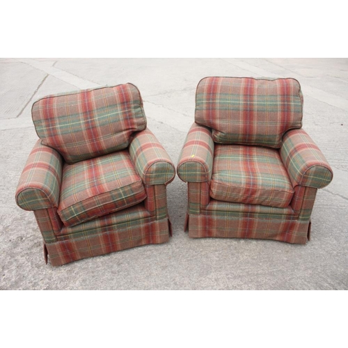 594 - A pair of deep seat armchairs with loose seat and back cushions, upholstered in a tartan fabric