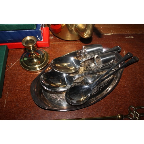 289 - A silver plated tray, a quantity of plated spoons, a brass kettle, a toasting fork and five picture ... 