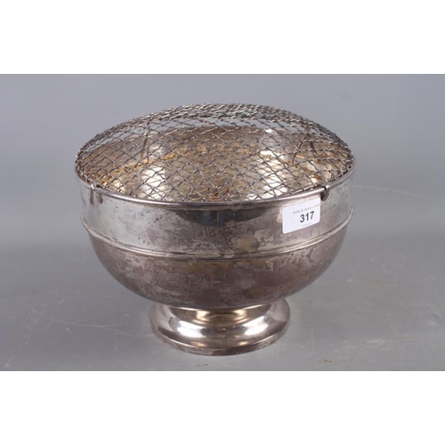 317 - A silver rose/punch bowl with silver plated wire grill, 10