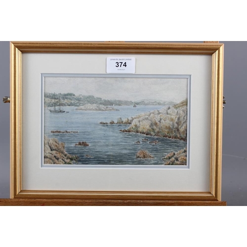 374 - Frederick Barton?, 1913: watercolours, coastal rocky landscape with ships, Plymouth?, 4 3/4