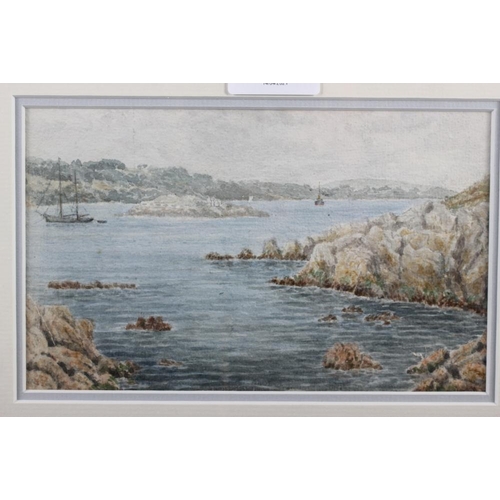 374 - Frederick Barton?, 1913: watercolours, coastal rocky landscape with ships, Plymouth?, 4 3/4