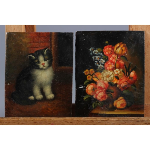 392 - A miniature painting on wood of a kitten, 3 1/2