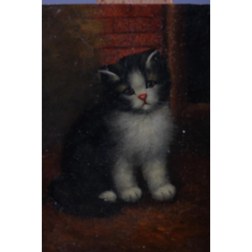 392 - A miniature painting on wood of a kitten, 3 1/2