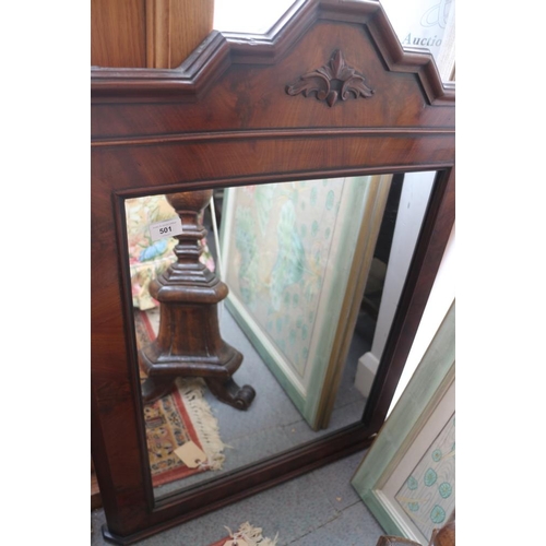 501 - A mahogany framed rectangular overmantel mirror with shaped top and turned finials, 23 3/4