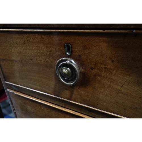 416 - An 18th century mahogany and pine chest of two short and three long graduated drawers, on bracket su... 