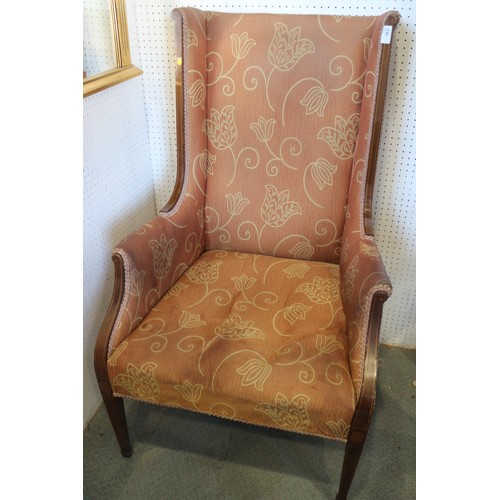 563 - A pair of Edwardian mahogany and box line inlaid showframe high wing-back armchairs, on square taper... 