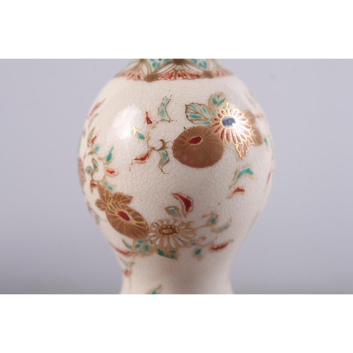 102 - A pair of Japanese Satsuma double gourd vases, decorated chrysanthemums, signature to base, 5 1/2