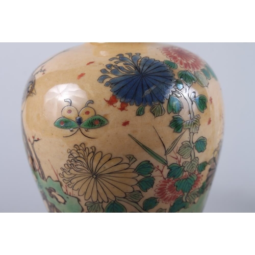 102 - A pair of Japanese Satsuma double gourd vases, decorated chrysanthemums, signature to base, 5 1/2