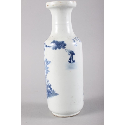 106 - A Chinese blue and white cylindrical vase, decorated figures, six character mark to base, 10