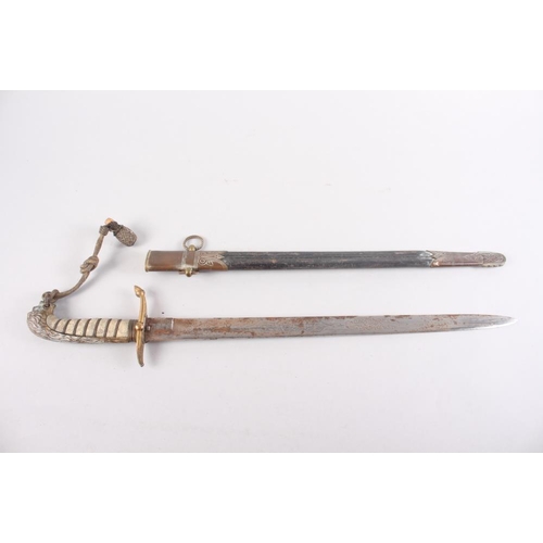 153 - A midshipman's mid 19th century naval dirk and scabbard with sword knot, blade inscribed 