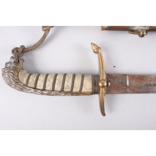 153 - A midshipman's mid 19th century naval dirk and scabbard with sword knot, blade inscribed 