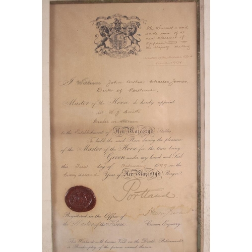 188 - Two early 20th century Royal Warrant certificates, in gilt and brass mounted frames