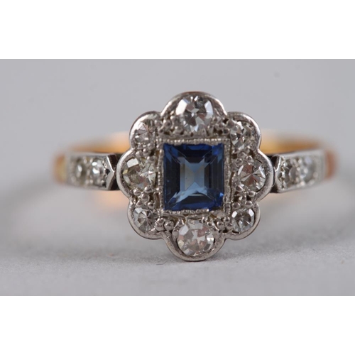 298 - A diamond and blue stone posy ring, stamped 18ct PLAT, size N, 2.6g, and a matching eternity ring