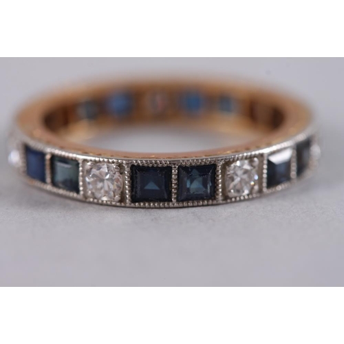 298 - A diamond and blue stone posy ring, stamped 18ct PLAT, size N, 2.6g, and a matching eternity ring