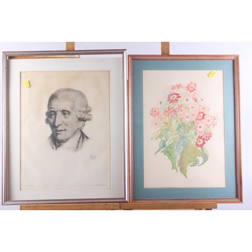 323 - A 19th century lithographic portrait of Hyden, in silvered frame, and a watercolour sketch, spring f... 