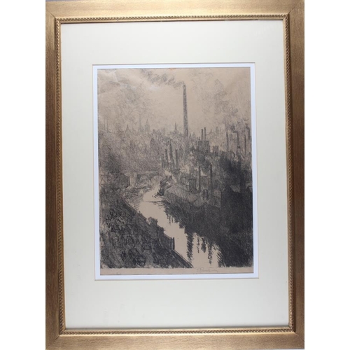 328 - A late 19th century Continental signed lithograph, industrial city, in gilt frame