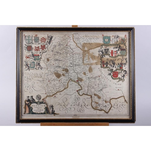 332 - A 17th century hand-coloured map of Oxfordshire, in ebonised and gilt frame (foxed)