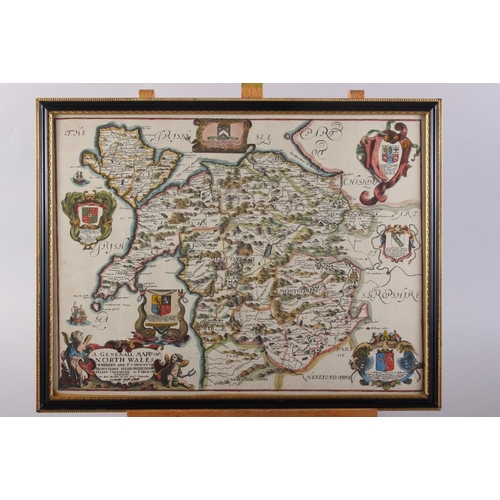 333 - Blome's North Wales, an 18th century hand-coloured map, in ebonised and gilt strip frame