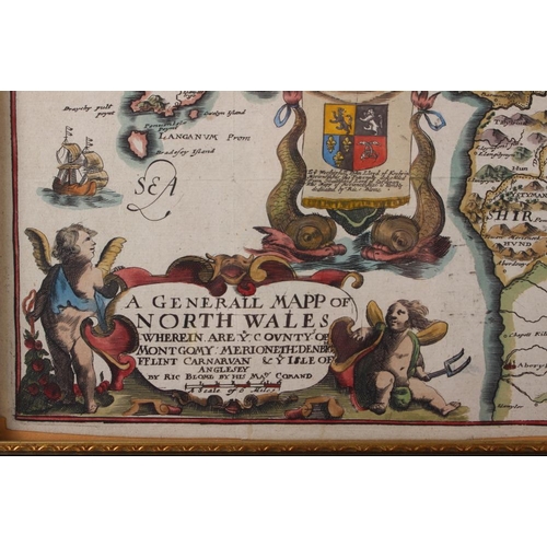 333 - Blome's North Wales, an 18th century hand-coloured map, in ebonised and gilt strip frame