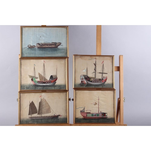 351 - Five 19th century Chinese watercolours of sailing boats, in gilt strip frames, various sizes. larges... 