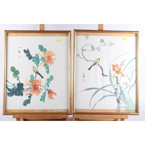 355 - A pair of Chinese watercolour studies, birds and tropical flowers, in gilt frames