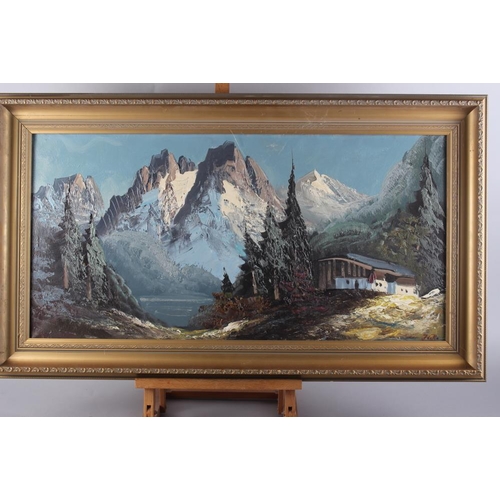 357 - A 20th century oil on canvas, alpine scene, indistinctly signed, 15 1/2