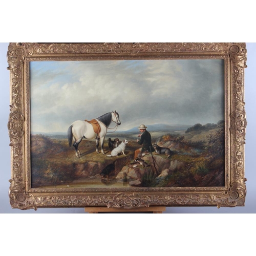 367 - A 19th century oil on canvas, ghillie, pony and dogs in a landscape, 19