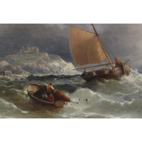 368 - W H Williamson: a 19th century oil on canvas, Dutch fishing boats in stormy seas, 29 1/2