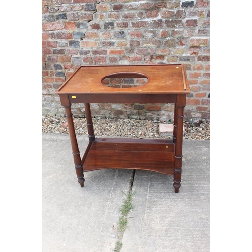 396 - A 19th century mahogany two-tier wash stand with bowl and jug, on turned supports, 30