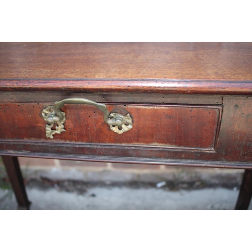 446 - A George III mahogany side table, fitted one drawer, on square taper supports, on block base, 32