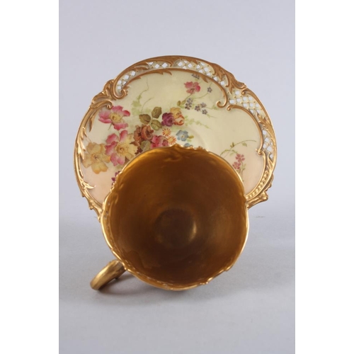 7 - A late 19th century Worcester blush ivory floral and gilt decorated cabinet cup and saucer, and a si... 