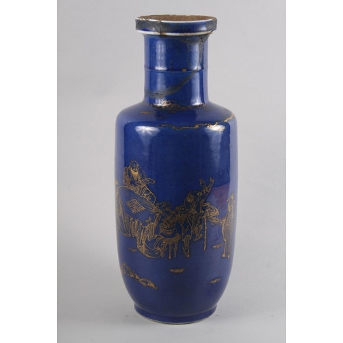 90 - A Chinese blue and gilt decorated Rouleau vase with figure decoration, now converted to a lamp base,... 