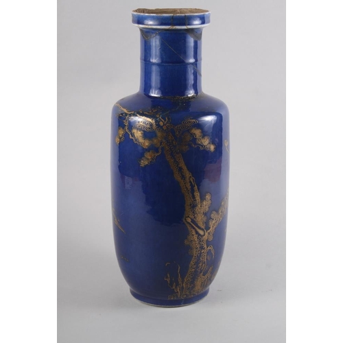 90 - A Chinese blue and gilt decorated Rouleau vase with figure decoration, now converted to a lamp base,... 