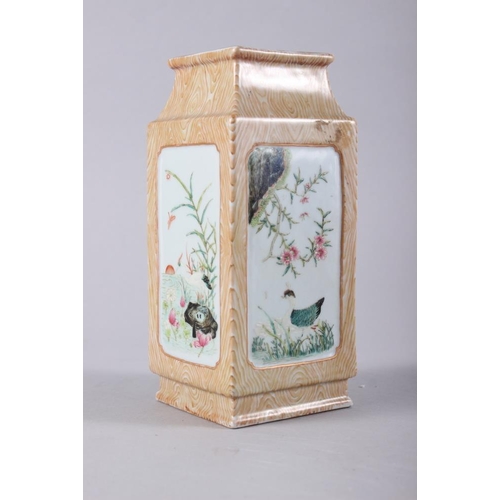 98 - A Chinese porcelain square-section vase, decorated four panels of birds, flowers and insects, 7 1/2