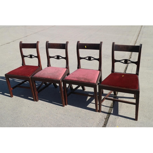 432 - A set of four 19th century mahogany pierced bar back standard chairs with drop-in seats, on square t... 