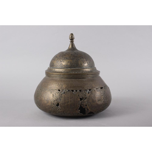 116 - Two brass mosque lamps with engraved and pierced decoration and a similar stand