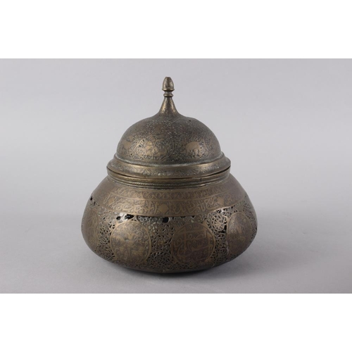 116 - Two brass mosque lamps with engraved and pierced decoration and a similar stand