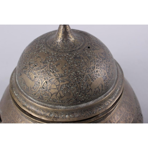 116 - Two brass mosque lamps with engraved and pierced decoration and a similar stand