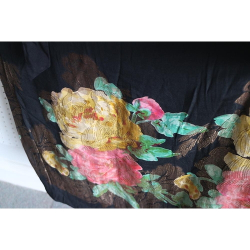 163 - A 1920s Liberty & Co silk opera cloak with floral and embroidered decoration and fur collar