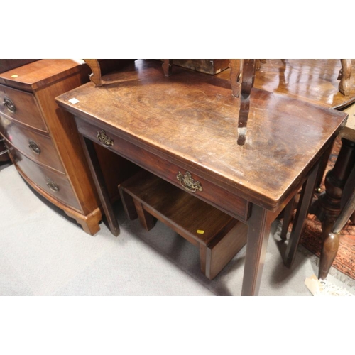 377 - A George III mahogany fold-over top tea table, fitted one drawer, on chamfered and moulded supports,... 