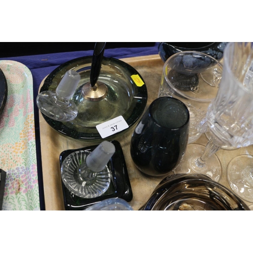 37 - A quantity of glassware, including a Whitefriars penholder/ashtray, a Ewenny Pottery vase, 4