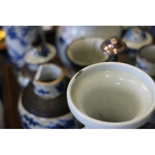 106 - A Chinese blue and white cylindrical vase, decorated figures, six character mark to base, 10