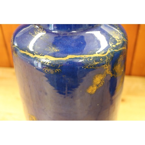 90 - A Chinese blue and gilt decorated Rouleau vase with figure decoration, now converted to a lamp base,... 