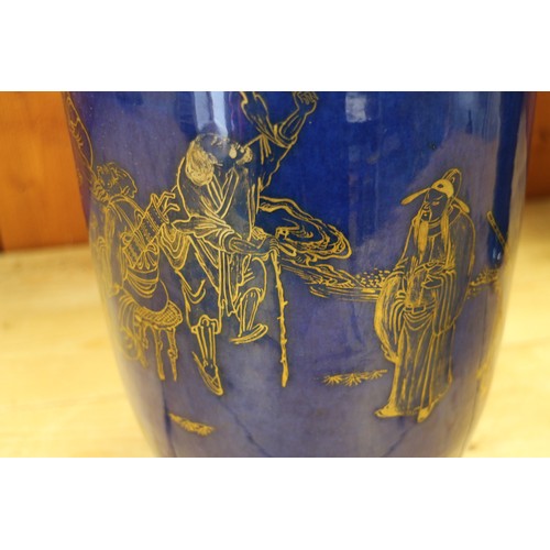 90 - A Chinese blue and gilt decorated Rouleau vase with figure decoration, now converted to a lamp base,... 