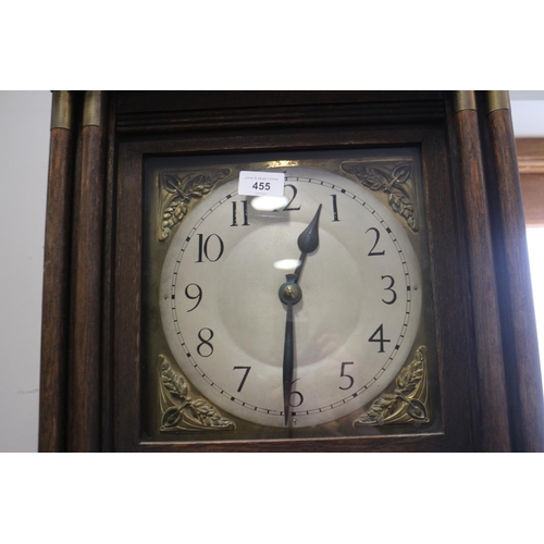 411 - An Arts & Crafts design oak long case clock with silvered dial, Arabic numerals and chapter ring, 83... 