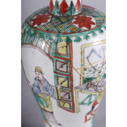 108 - A pair of Chinese porcelain famille verte baluster vases, decorated figures, 10 1/2