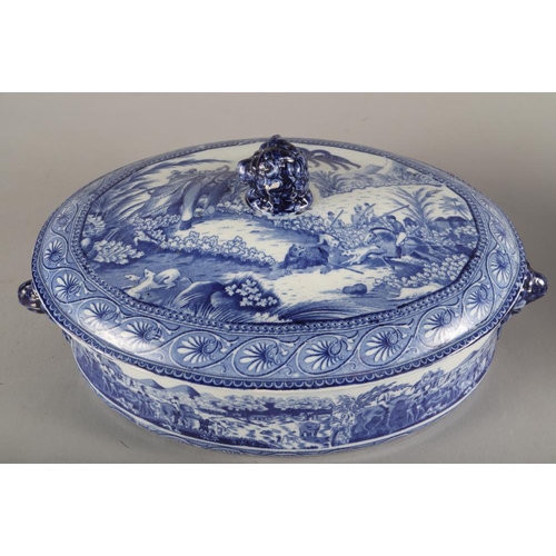 14 - A 19th century blue and white transfer decorated cheese trough and a blue and white tureen and cover... 