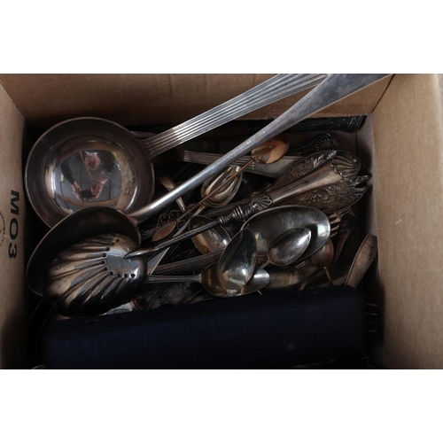 237 - A quantity of silver plated cutlery, including a ladle, a loose canteen of Russian? cutlery, copper ... 